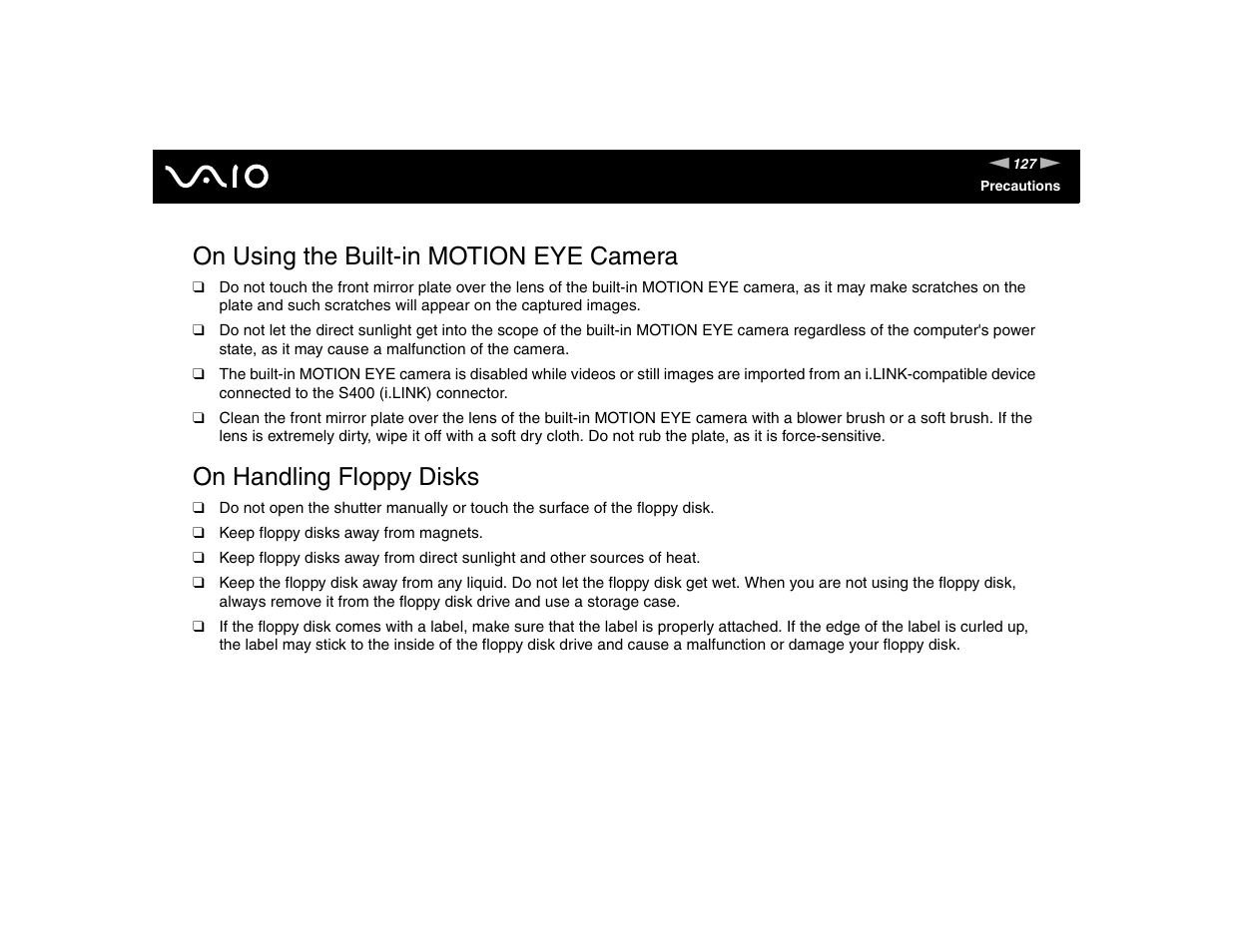 On using the built-in motion eye camera, On handling floppy disks | Sony VGN-FE570G User Manual | Page 127 / 194