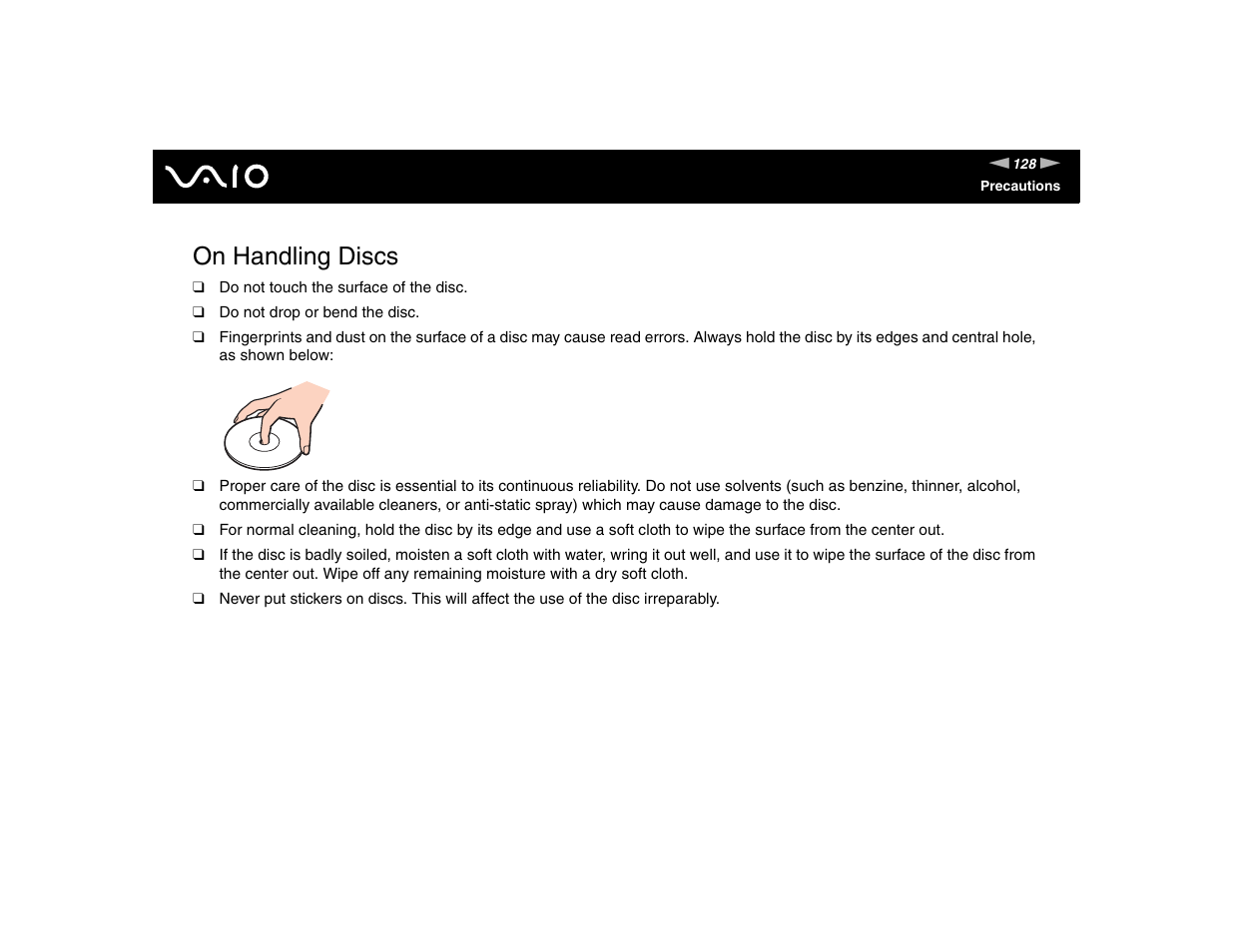 On handling discs | Sony VGN-FE570G User Manual | Page 128 / 194