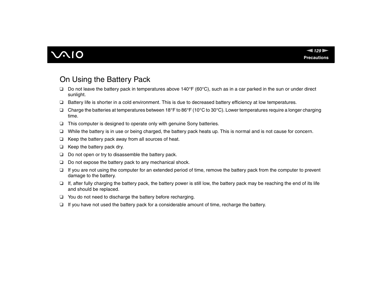 On using the battery pack | Sony VGN-FE570G User Manual | Page 129 / 194