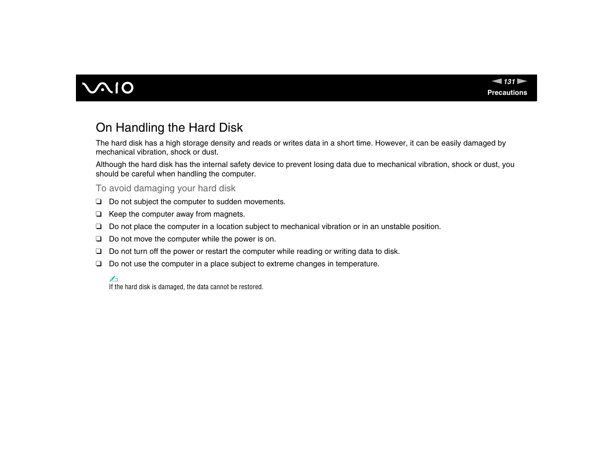 On handling the hard disk, Disk | Sony VGN-FE570G User Manual | Page 131 / 194