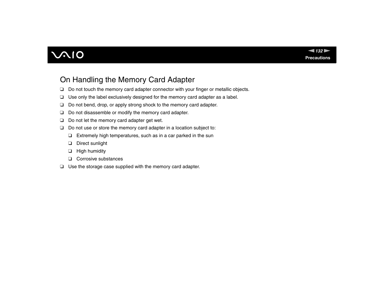 On handling the memory card adapter | Sony VGN-FE570G User Manual | Page 132 / 194