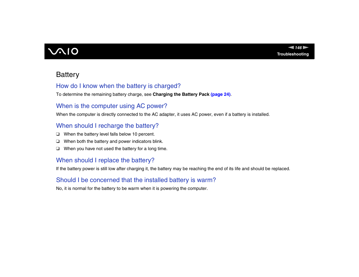 Battery, How do i know when the battery is charged, When is the computer using ac power | When should i recharge the battery, When should i replace the battery | Sony VGN-FE570G User Manual | Page 146 / 194