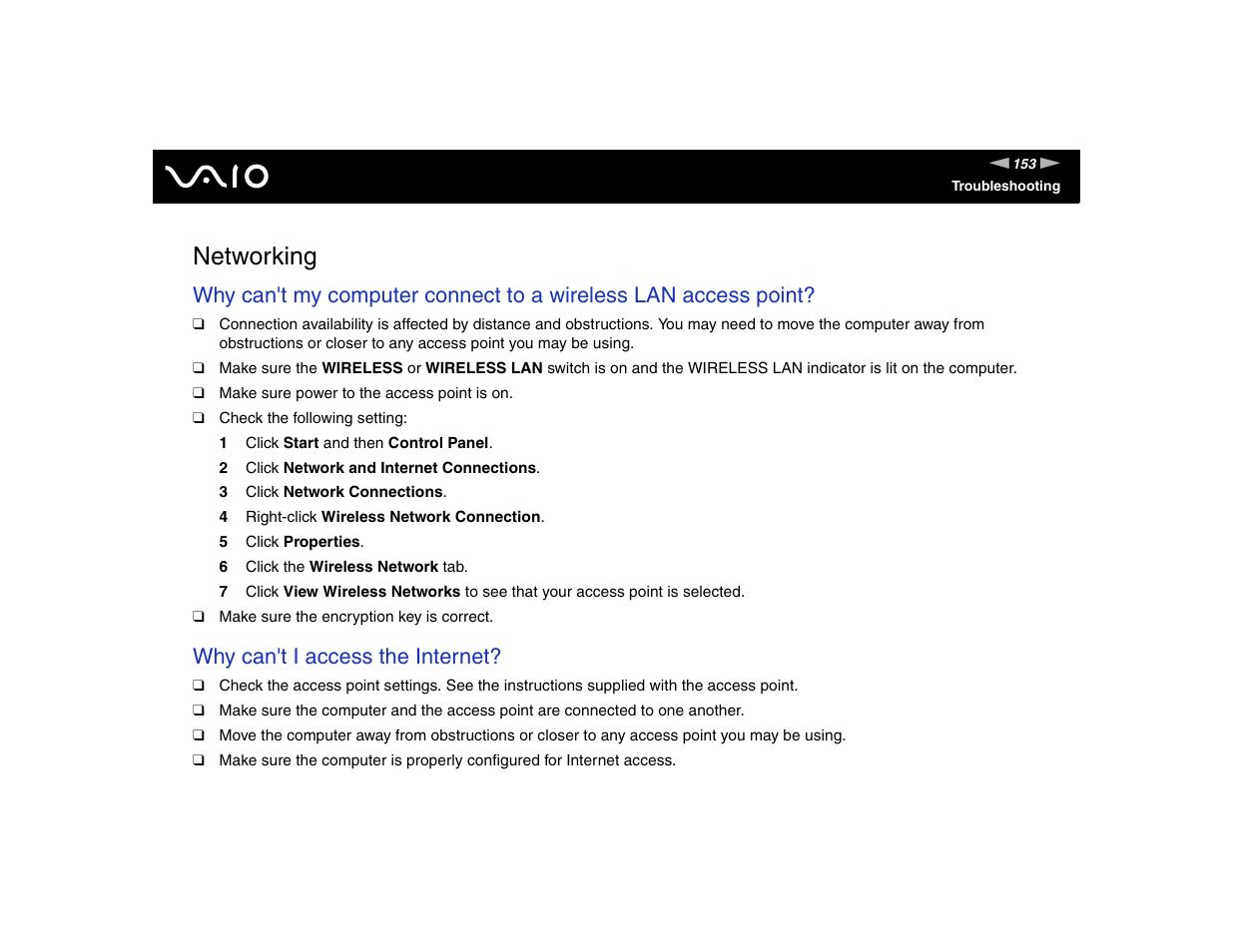 Networking, Why can't i access the internet | Sony VGN-FE570G User Manual | Page 153 / 194