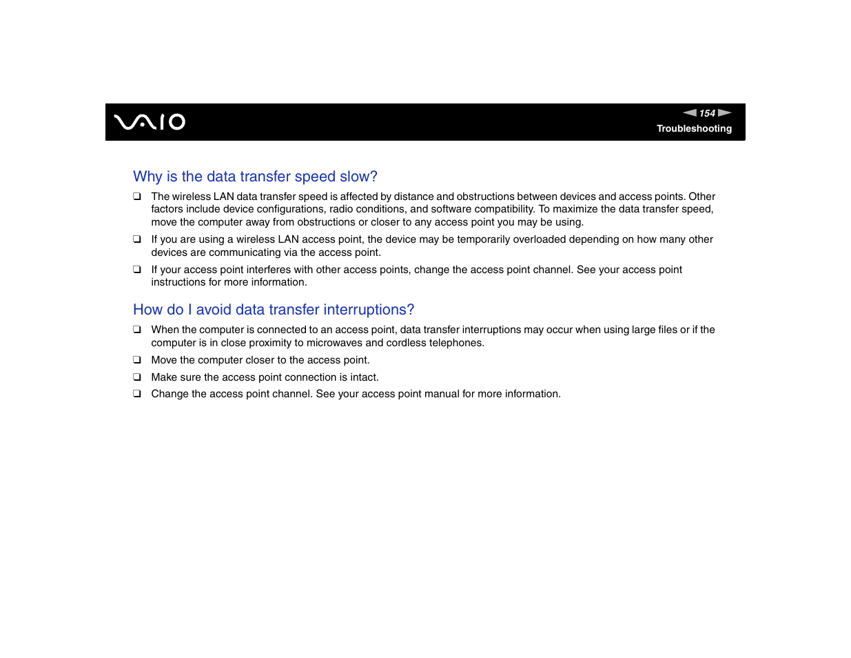 Why is the data transfer speed slow, How do i avoid data transfer interruptions | Sony VGN-FE570G User Manual | Page 154 / 194