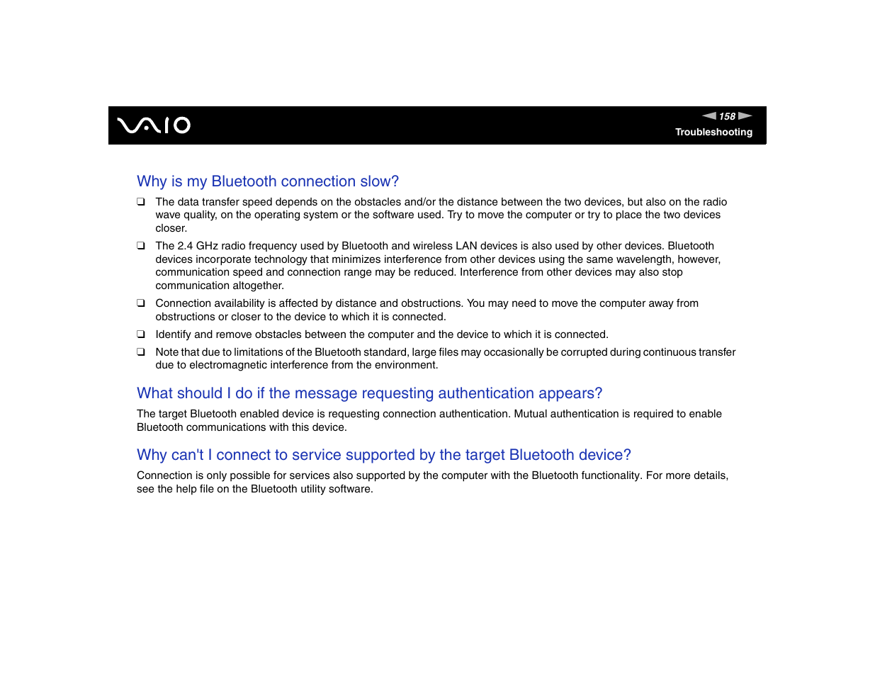 Why is my bluetooth connection slow | Sony VGN-FE570G User Manual | Page 158 / 194