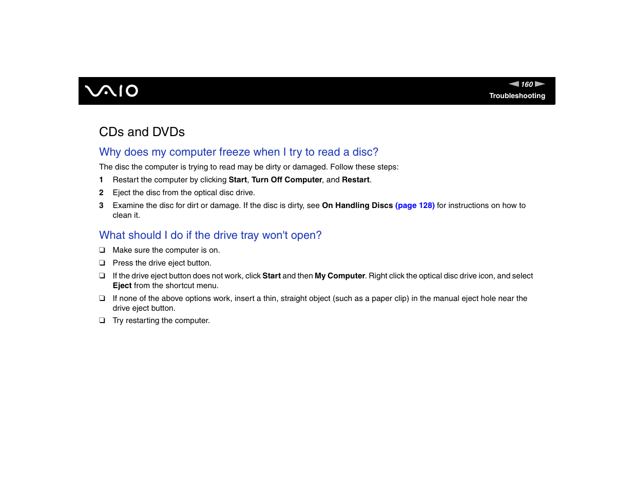 Cds and dvds, What should i do if the drive tray won't open | Sony VGN-FE570G User Manual | Page 160 / 194