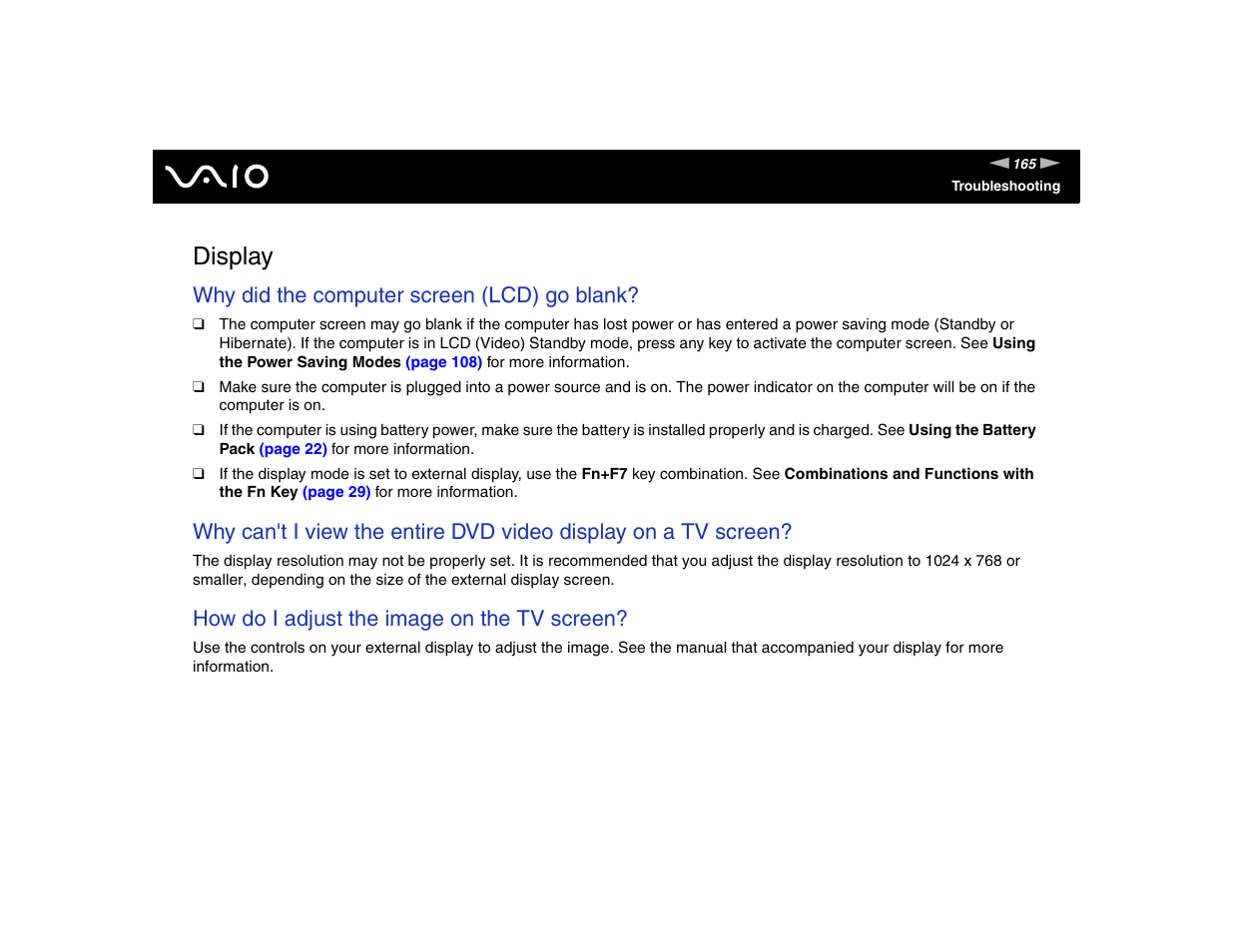 Display, Why did the computer screen (lcd) go blank, How do i adjust the image on the tv screen | Sony VGN-FE570G User Manual | Page 165 / 194