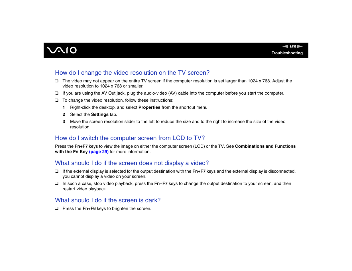 How do i switch the computer screen from lcd to tv, What should i do if the screen is dark | Sony VGN-FE570G User Manual | Page 166 / 194