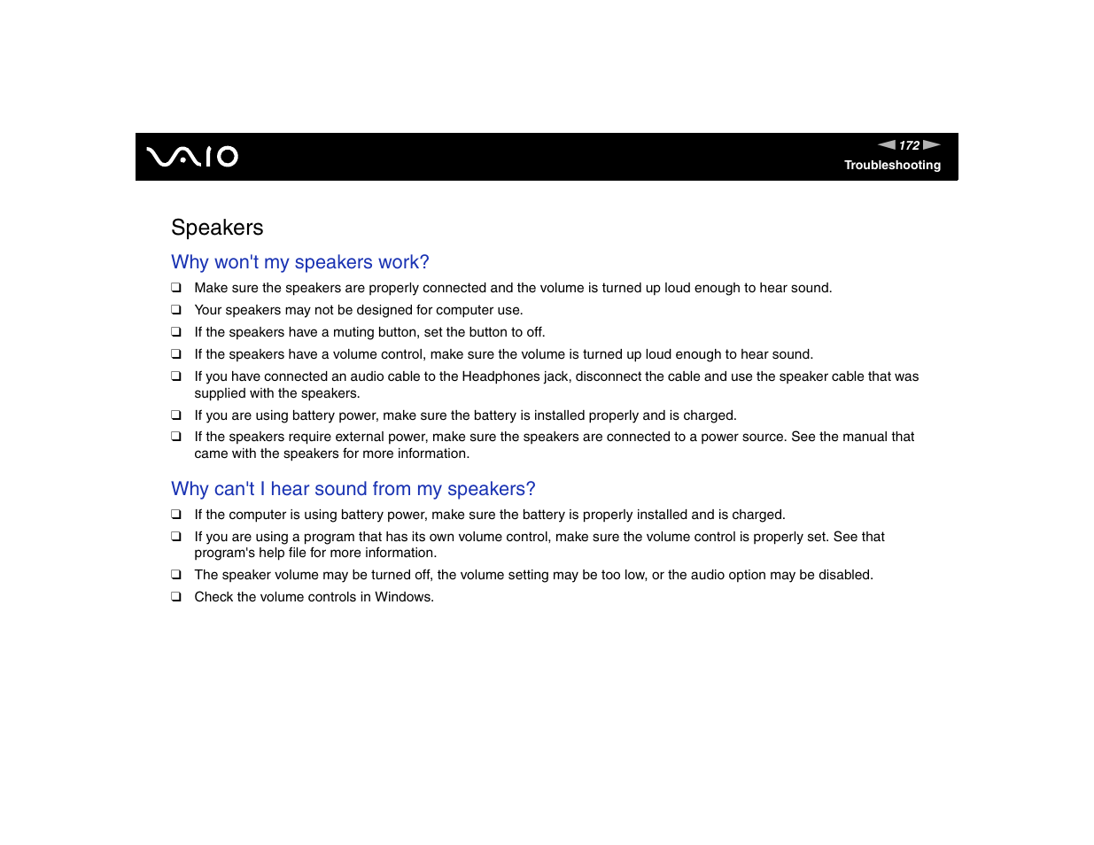 Speakers, Why won't my speakers work, Why can't i hear sound from my speakers | Sony VGN-FE570G User Manual | Page 172 / 194