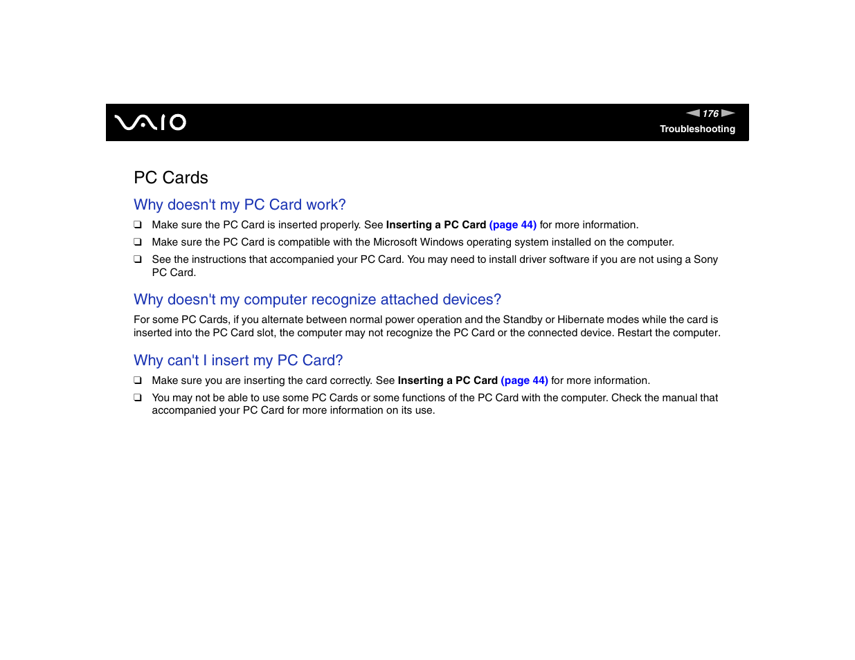 Pc cards, Why doesn't my pc card work, Why doesn't my computer recognize attached devices | Why can't i insert my pc card | Sony VGN-FE570G User Manual | Page 176 / 194