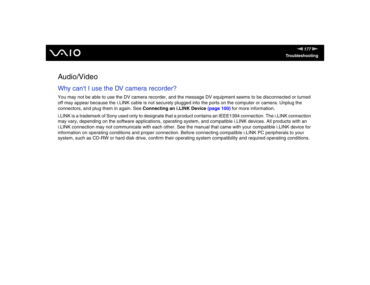 Audio/video, Why can't i use the dv camera recorder | Sony VGN-FE570G User Manual | Page 177 / 194