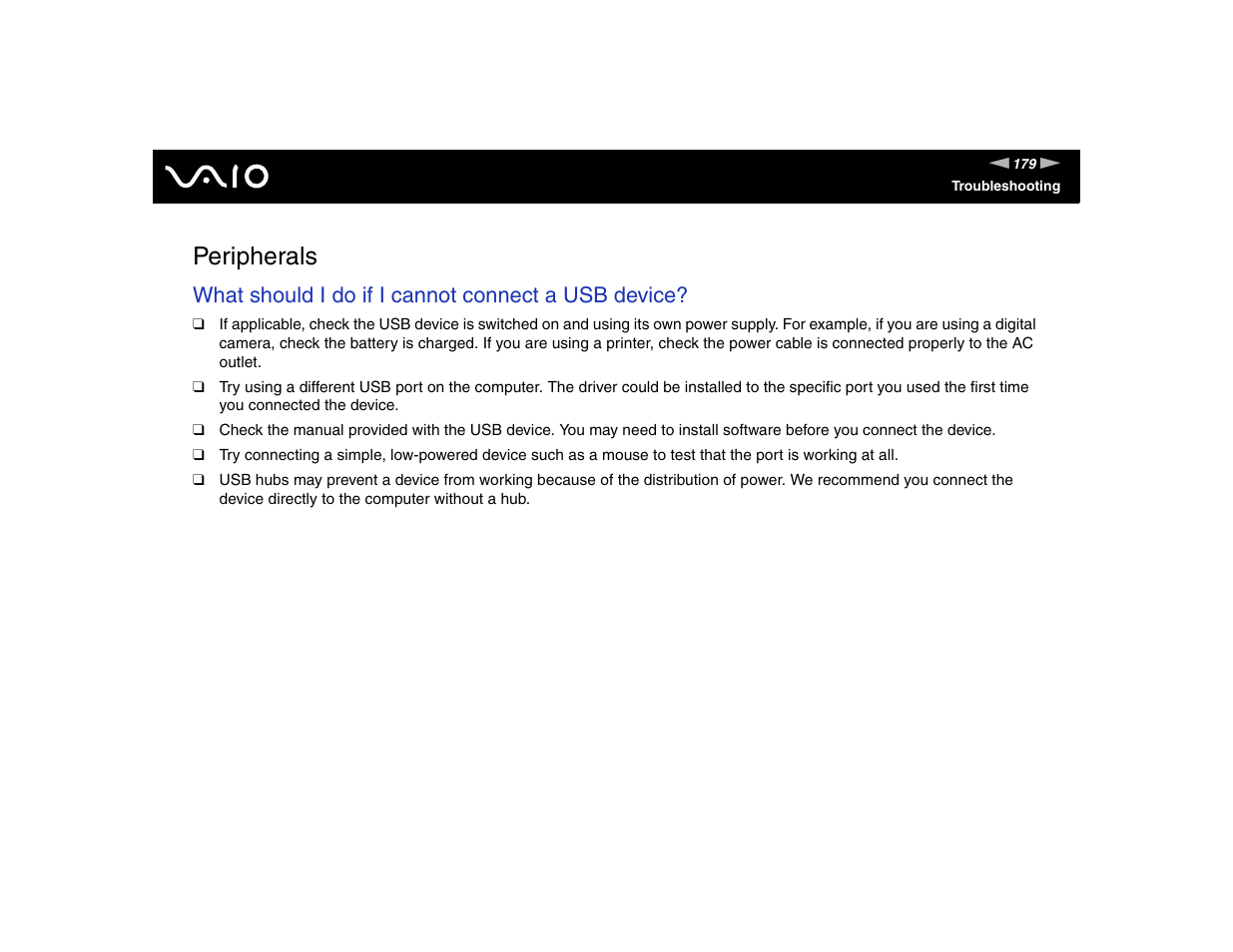 Peripherals, Ripherals, What should i do if i cannot connect a usb device | Sony VGN-FE570G User Manual | Page 179 / 194