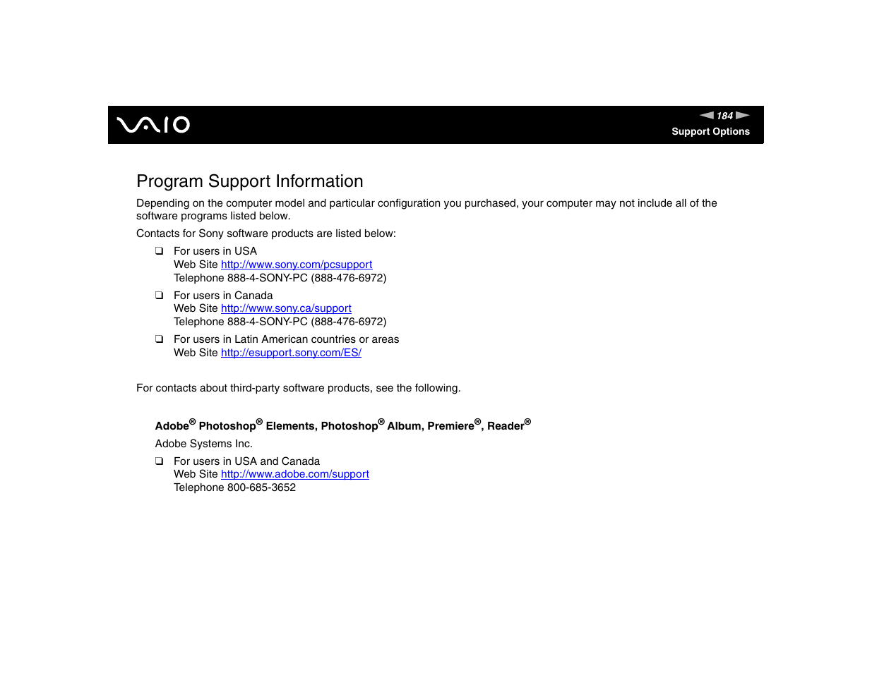 Program support information | Sony VGN-FE570G User Manual | Page 184 / 194