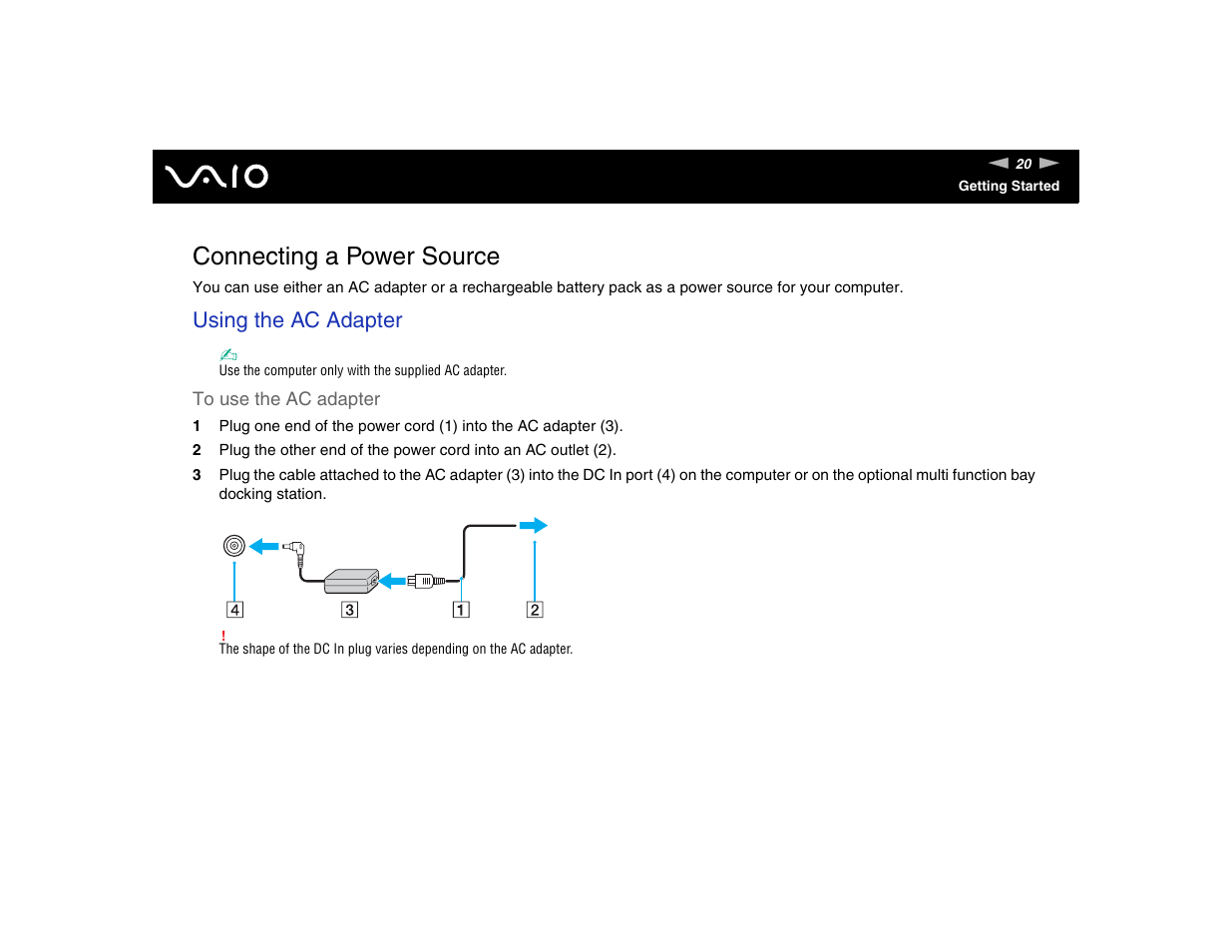 Connecting a power source, Using the ac adapter | Sony VGN-FE570G User Manual | Page 20 / 194