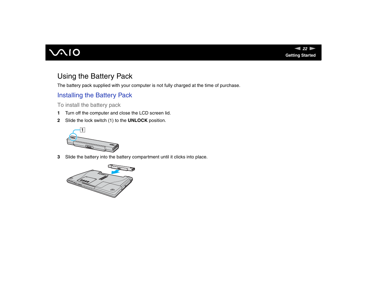 Using the battery pack, Installing the battery pack | Sony VGN-FE570G User Manual | Page 22 / 194