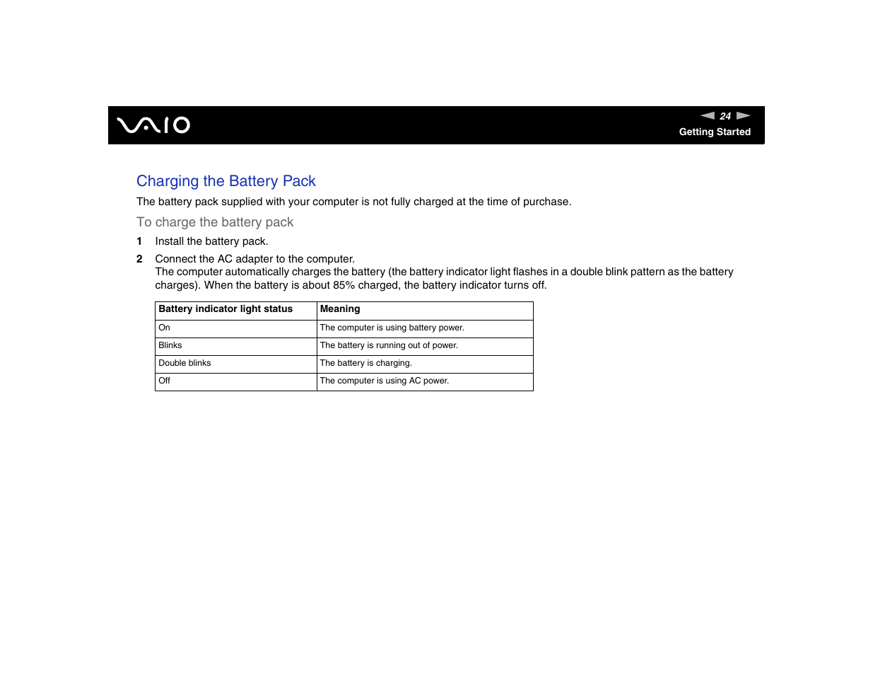 Charging the battery pack | Sony VGN-FE570G User Manual | Page 24 / 194