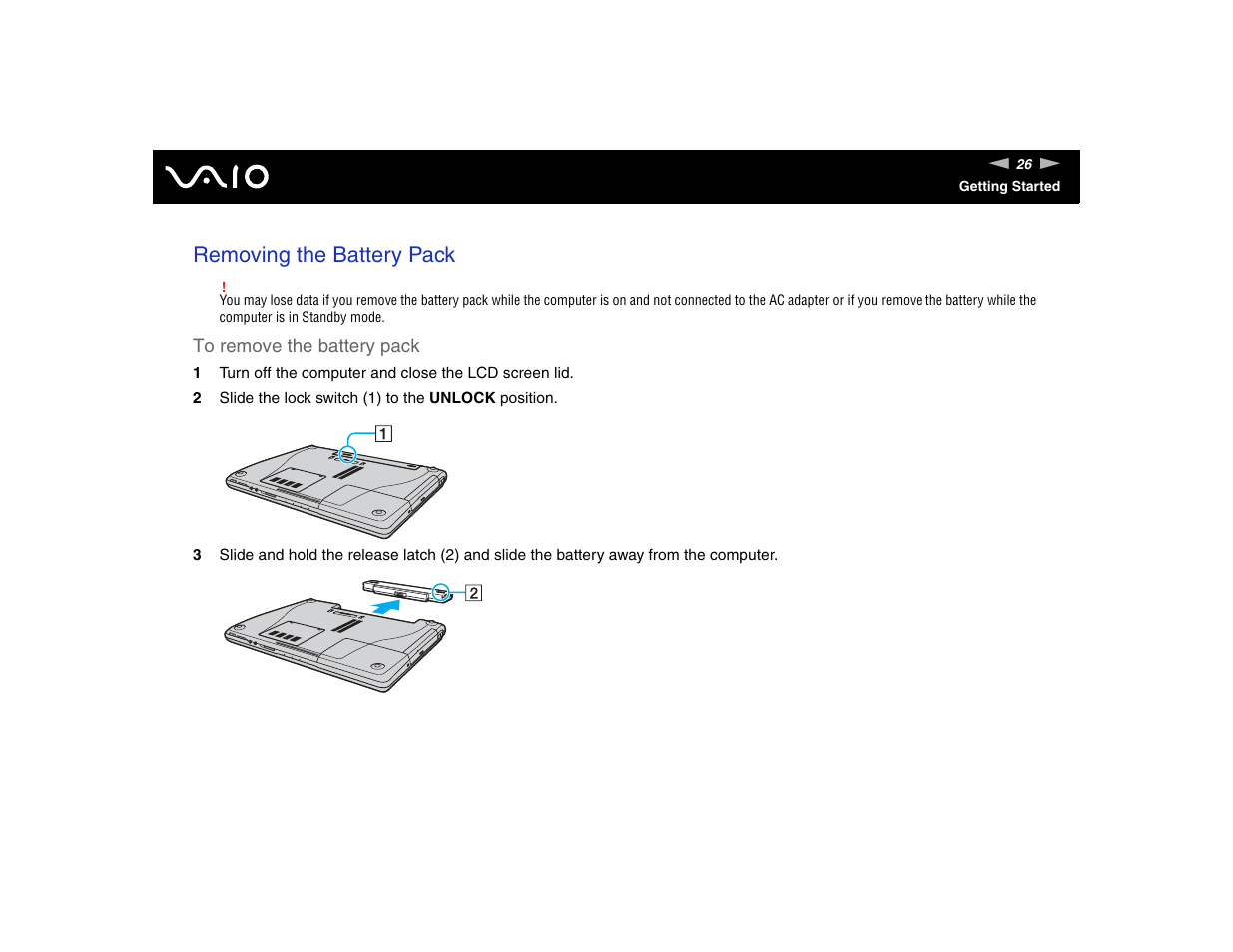 Removing the battery pack | Sony VGN-FE570G User Manual | Page 26 / 194