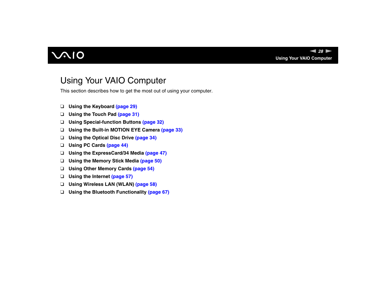 Using your vaio computer | Sony VGN-FE570G User Manual | Page 28 / 194