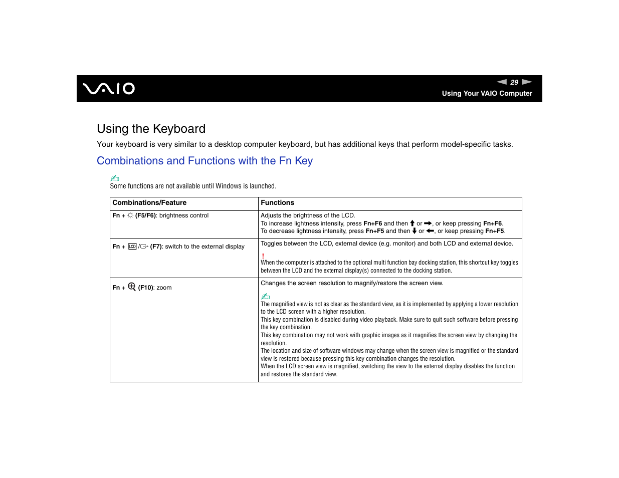 Using the keyboard, Combinations and functions with the fn key | Sony VGN-FE570G User Manual | Page 29 / 194