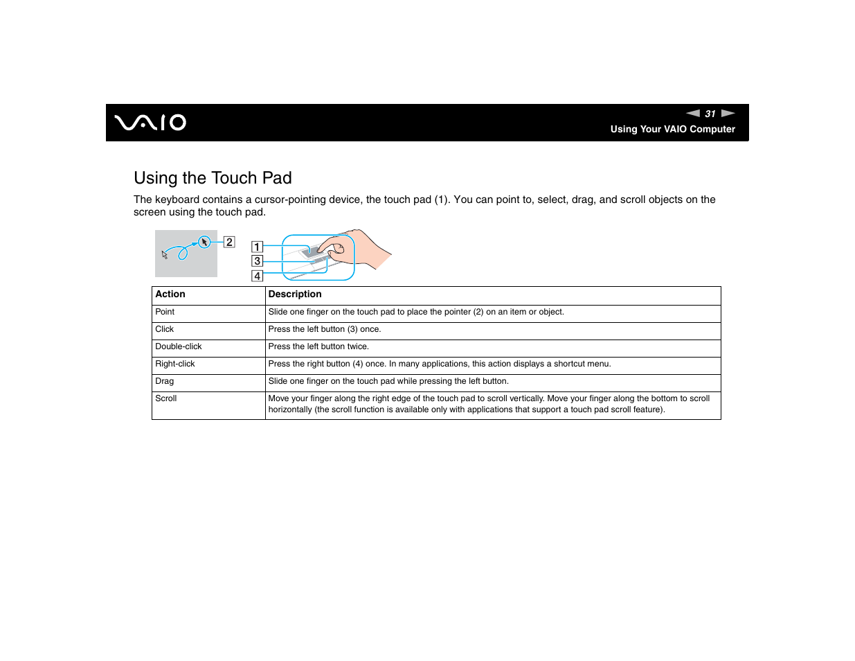 Using the touch pad | Sony VGN-FE570G User Manual | Page 31 / 194