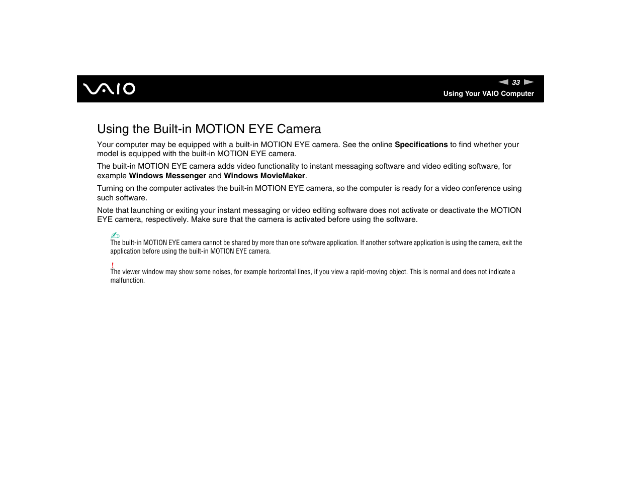 Using the built-in motion eye camera | Sony VGN-FE570G User Manual | Page 33 / 194