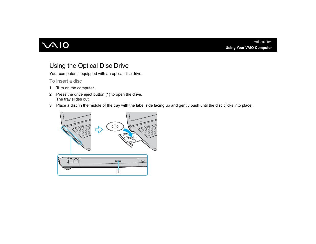 Using the optical disc drive | Sony VGN-FE570G User Manual | Page 34 / 194