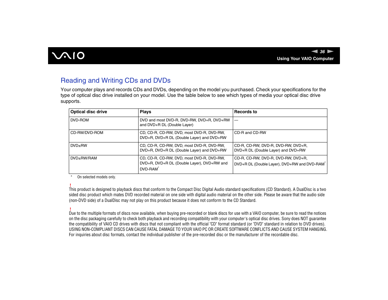 Reading and writing cds and dvds | Sony VGN-FE570G User Manual | Page 36 / 194