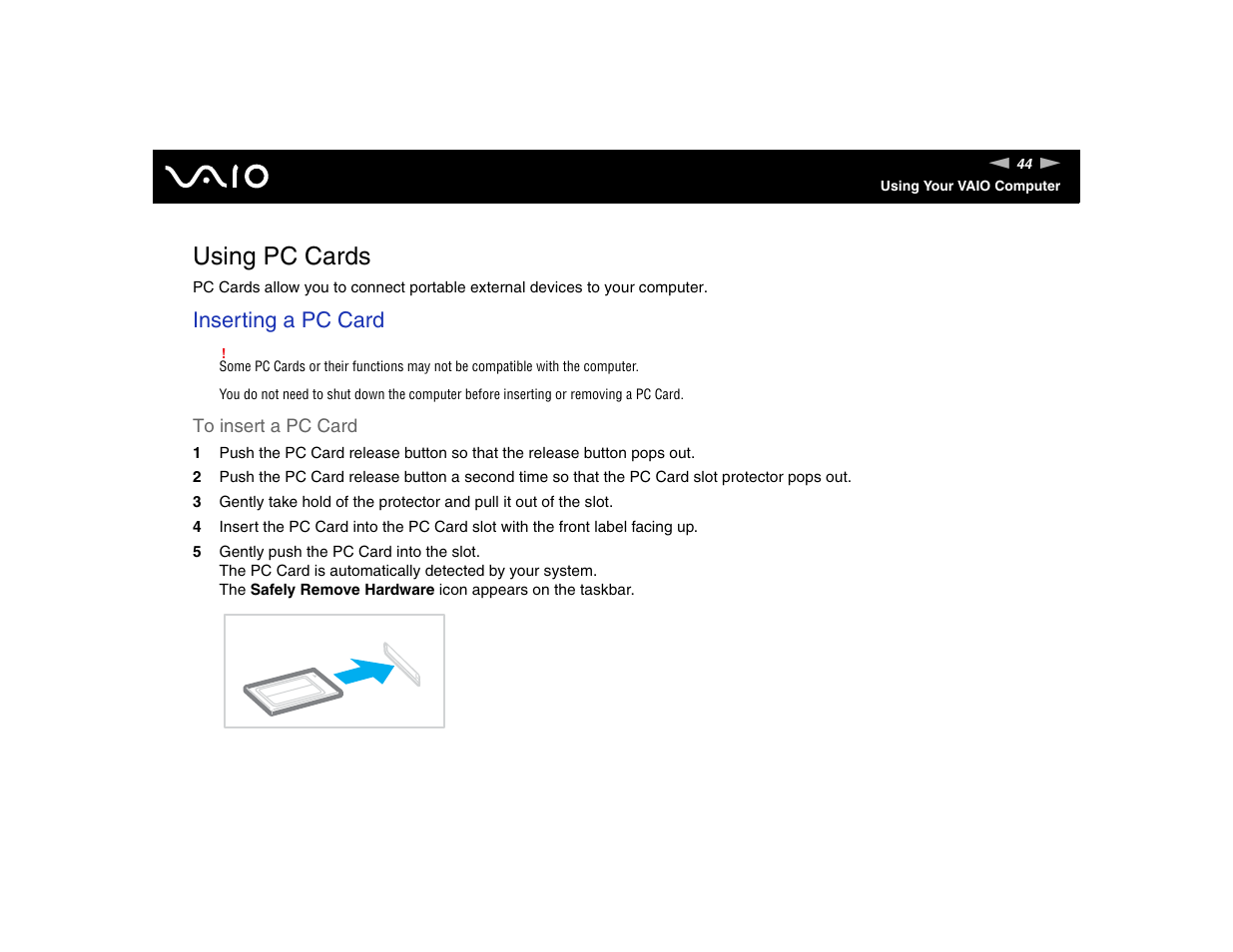 Using pc cards, Inserting a pc card | Sony VGN-FE570G User Manual | Page 44 / 194