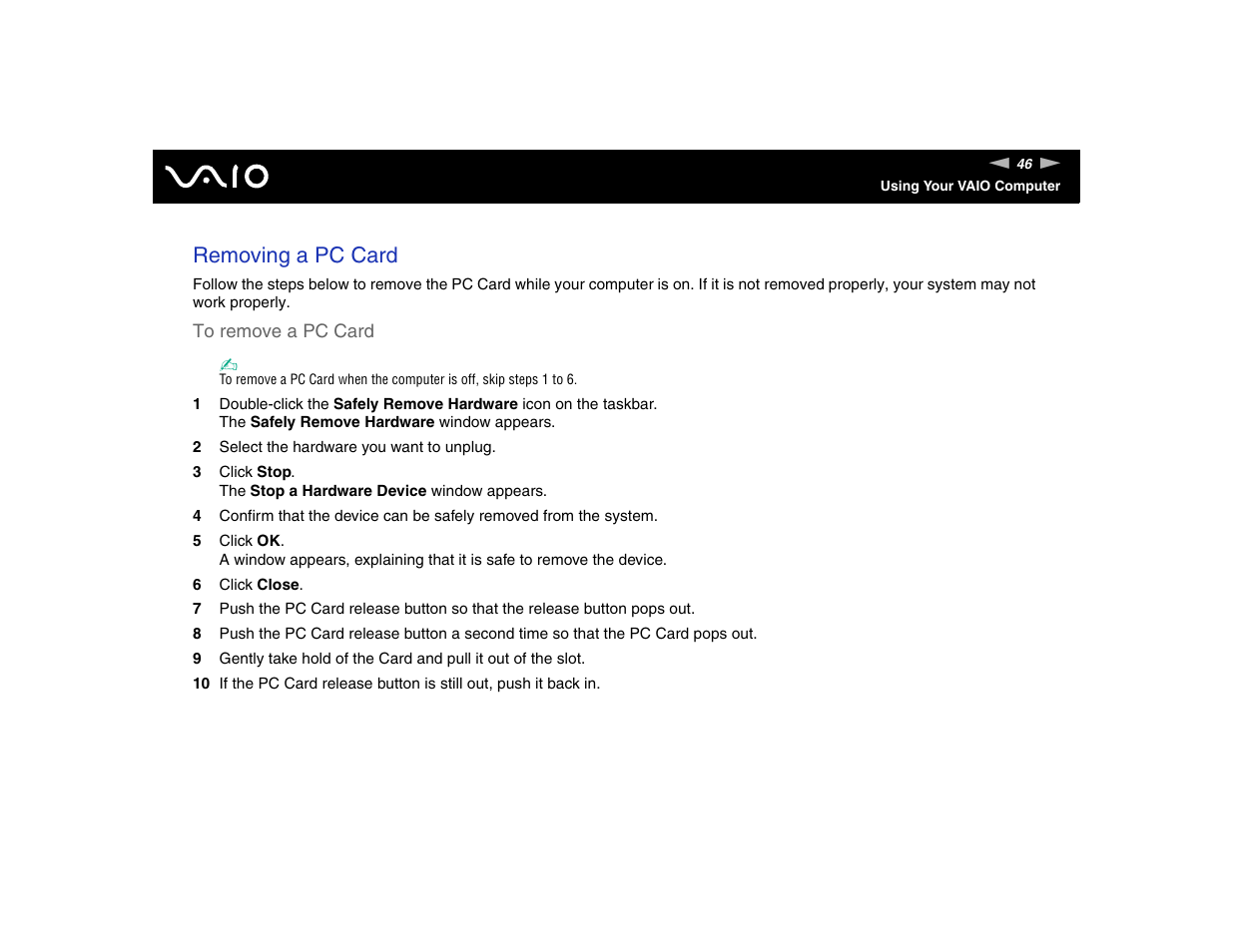 Removing a pc card | Sony VGN-FE570G User Manual | Page 46 / 194