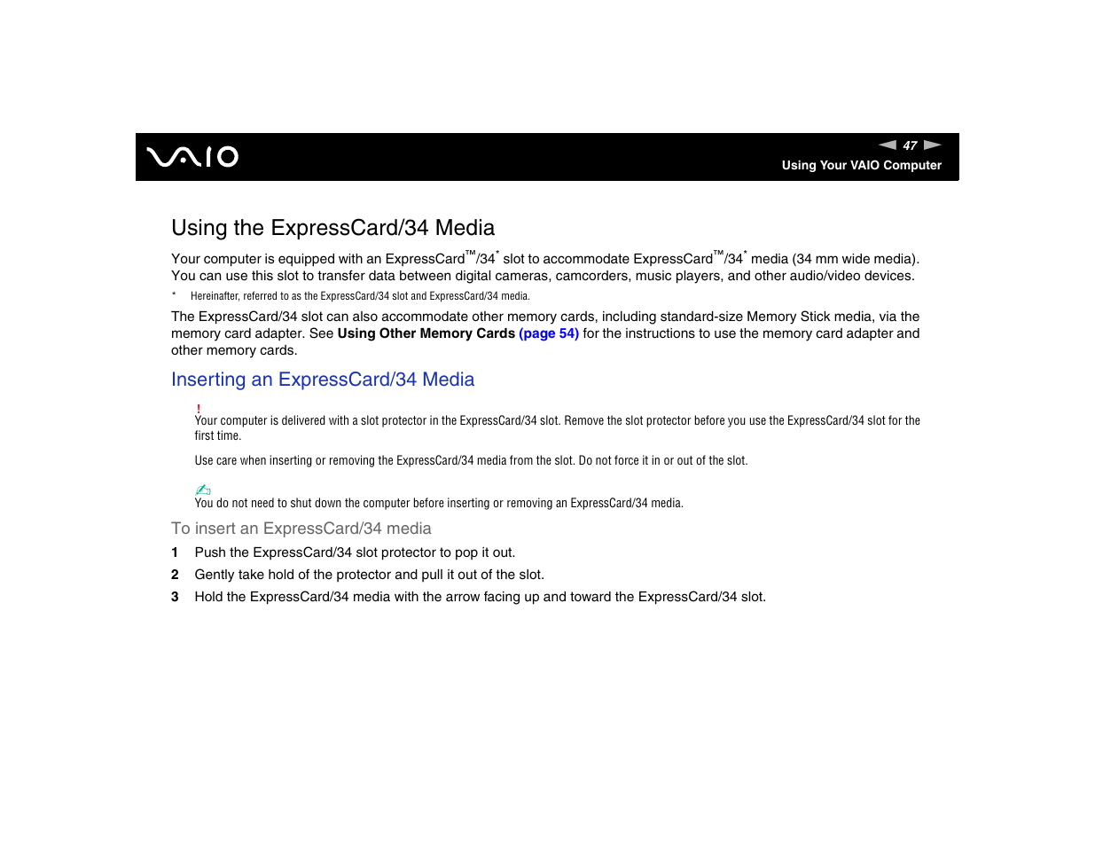 Using the expresscard/34 media, Inserting an expresscard/34 media | Sony VGN-FE570G User Manual | Page 47 / 194