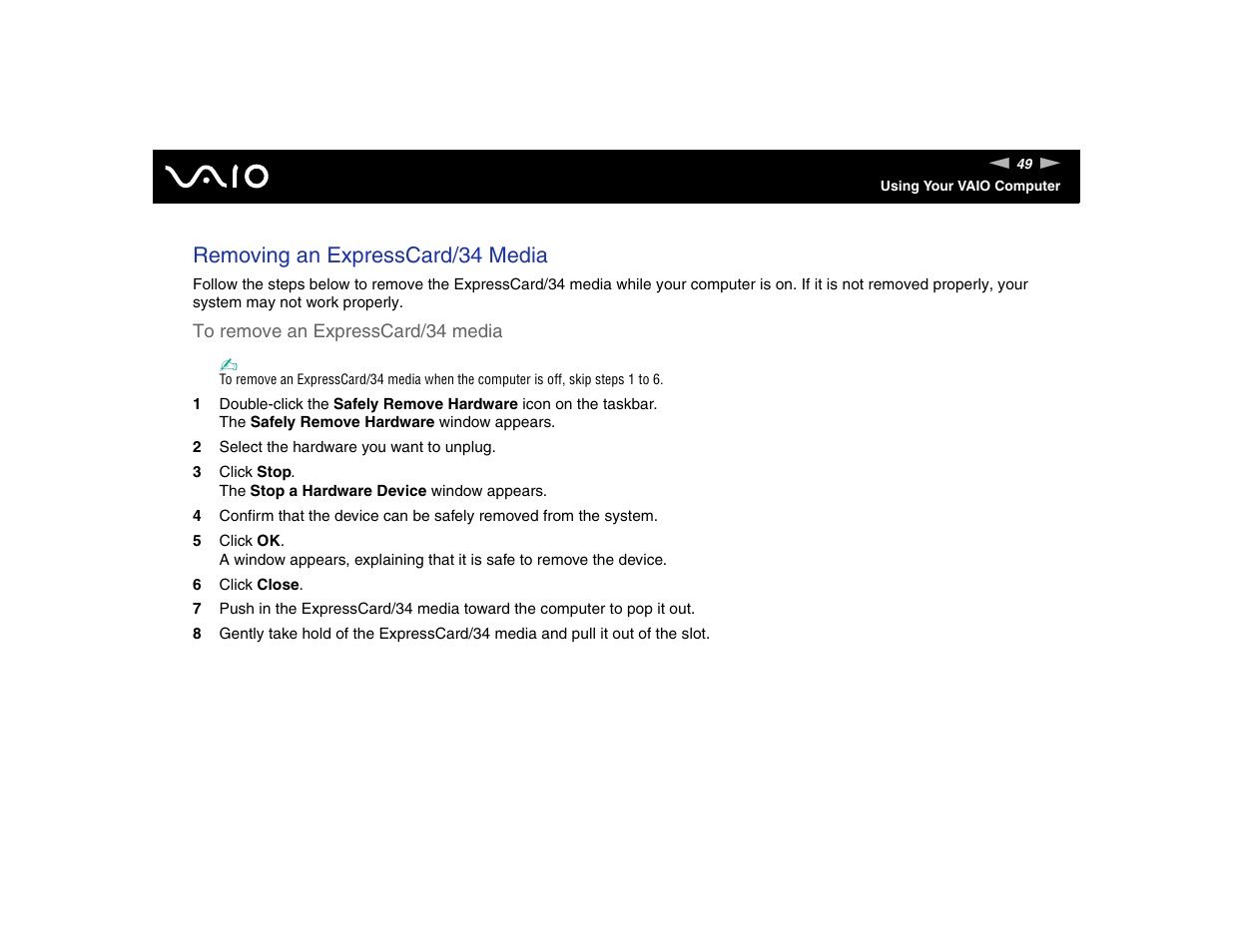 Removing an expresscard/34 media | Sony VGN-FE570G User Manual | Page 49 / 194