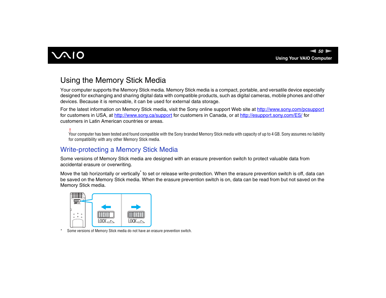 Using the memory stick media | Sony VGN-FE570G User Manual | Page 50 / 194