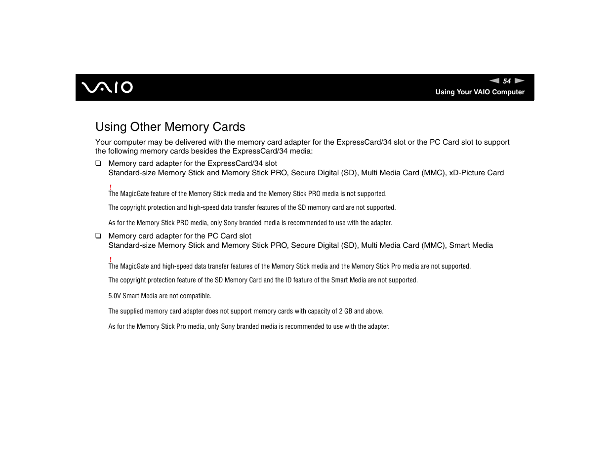 Using other memory cards | Sony VGN-FE570G User Manual | Page 54 / 194