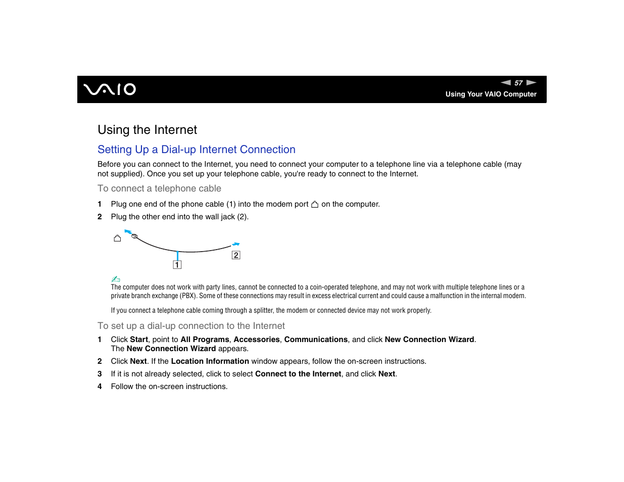 Using the internet, Setting up a dial-up internet connection | Sony VGN-FE570G User Manual | Page 57 / 194