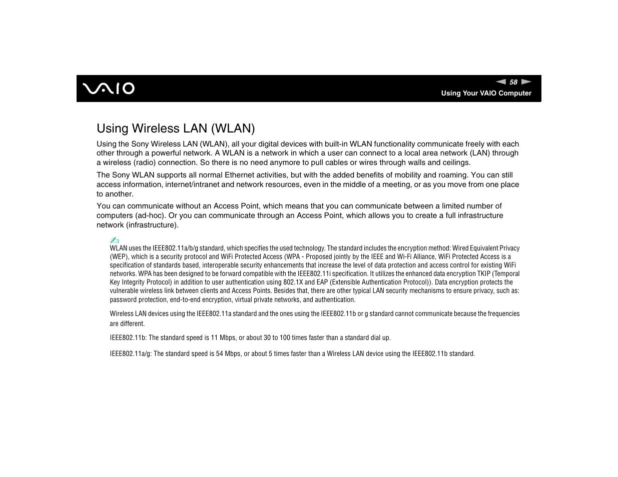 Using wireless lan (wlan) | Sony VGN-FE570G User Manual | Page 58 / 194