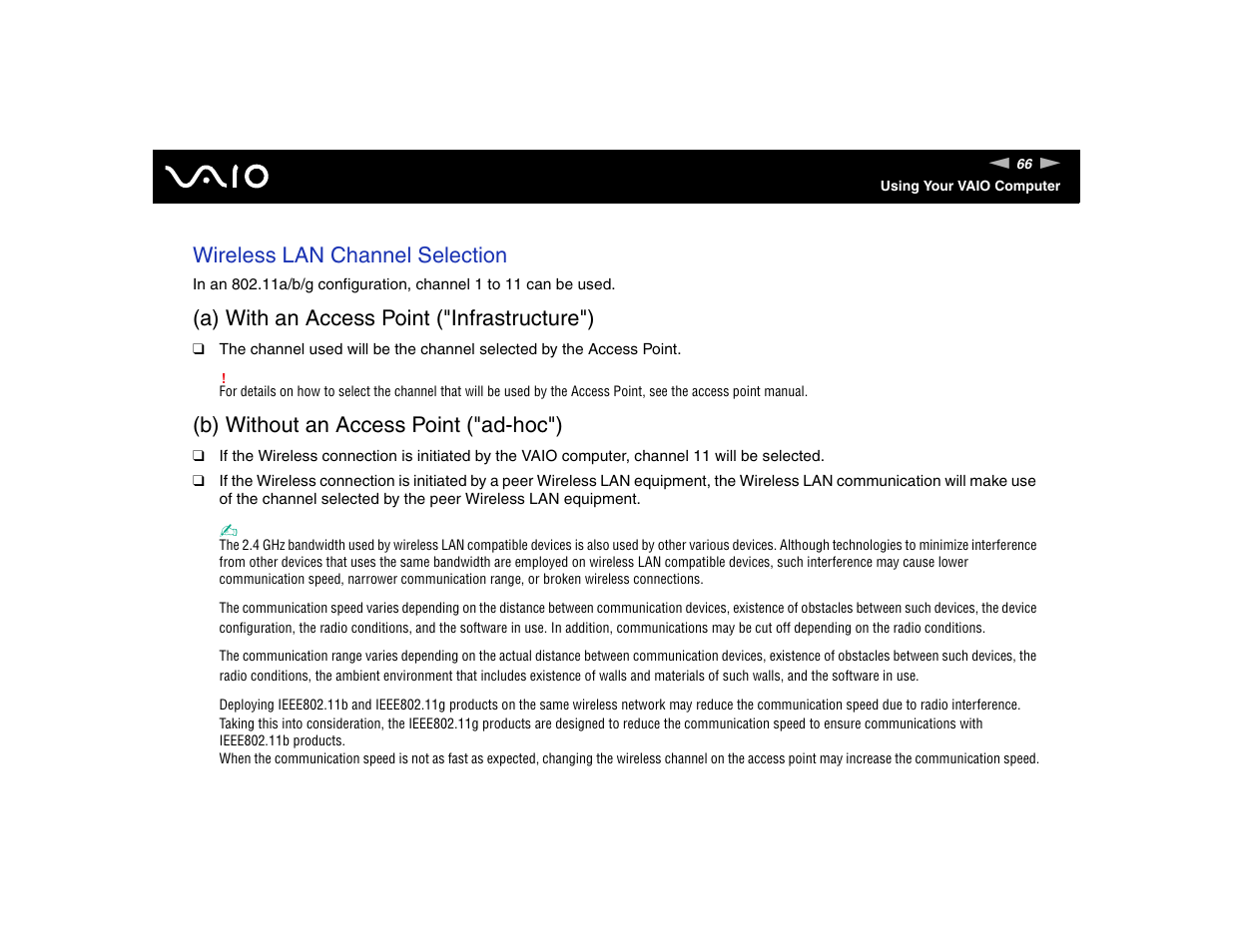 Wireless lan channel selection, A) with an access point ("infrastructure"), B) without an access point ("ad-hoc") | Sony VGN-FE570G User Manual | Page 66 / 194