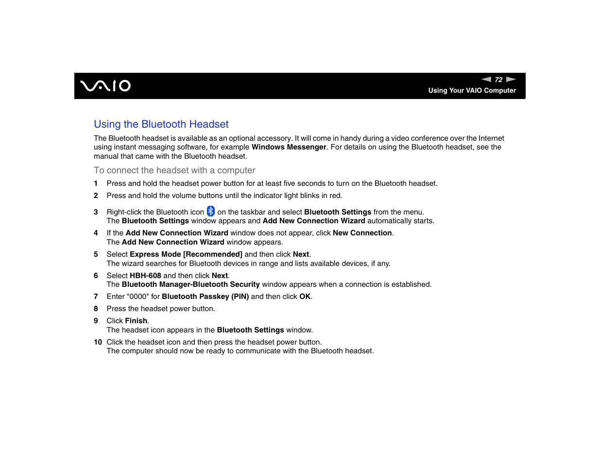 Using the bluetooth headset | Sony VGN-FE570G User Manual | Page 72 / 194