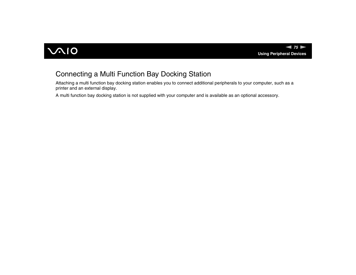 Connecting a multi function bay docking station | Sony VGN-FE570G User Manual | Page 75 / 194