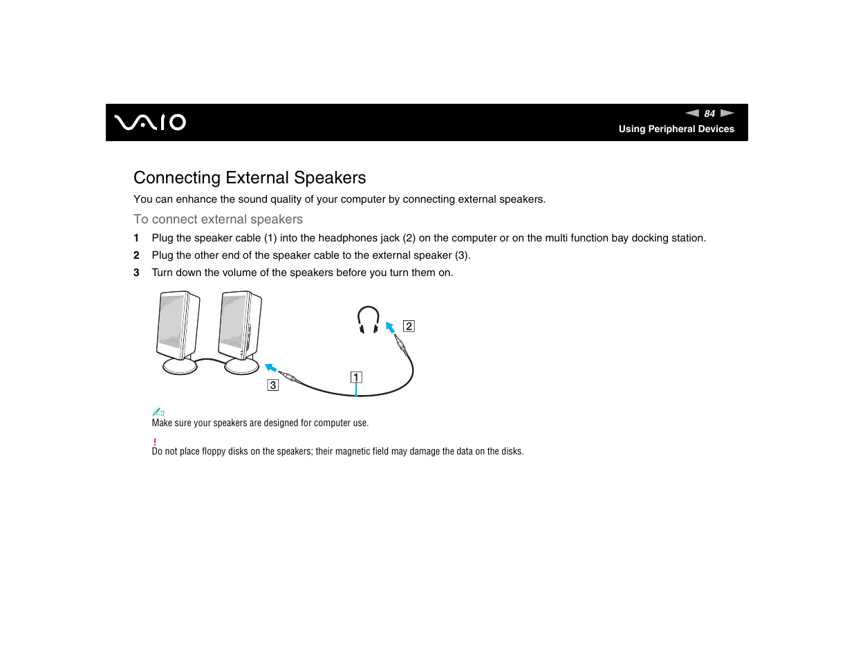 Connecting external speakers | Sony VGN-FE570G User Manual | Page 84 / 194