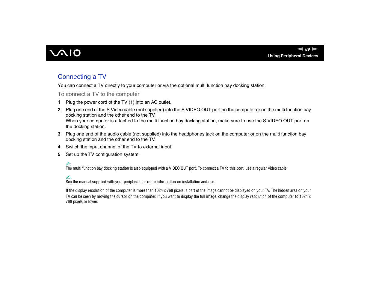 Ing a tv, Connecting a tv | Sony VGN-FE570G User Manual | Page 89 / 194