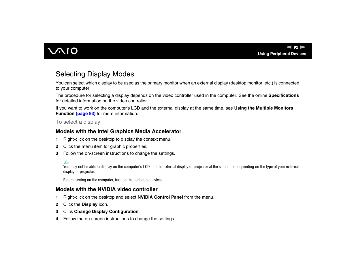 Selecting display modes | Sony VGN-FE570G User Manual | Page 92 / 194