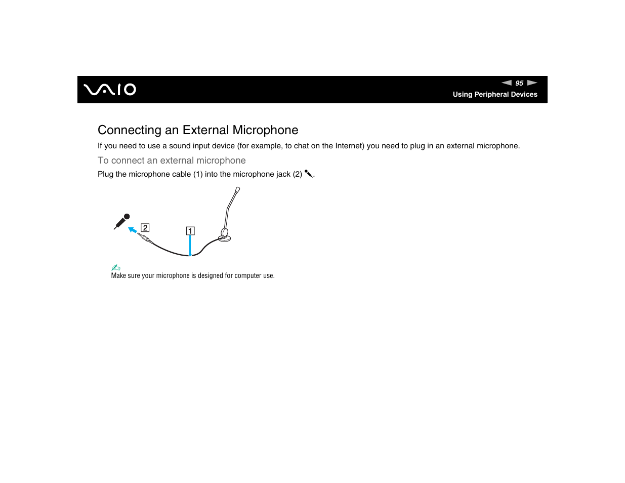 Connecting an external microphone | Sony VGN-FE570G User Manual | Page 95 / 194