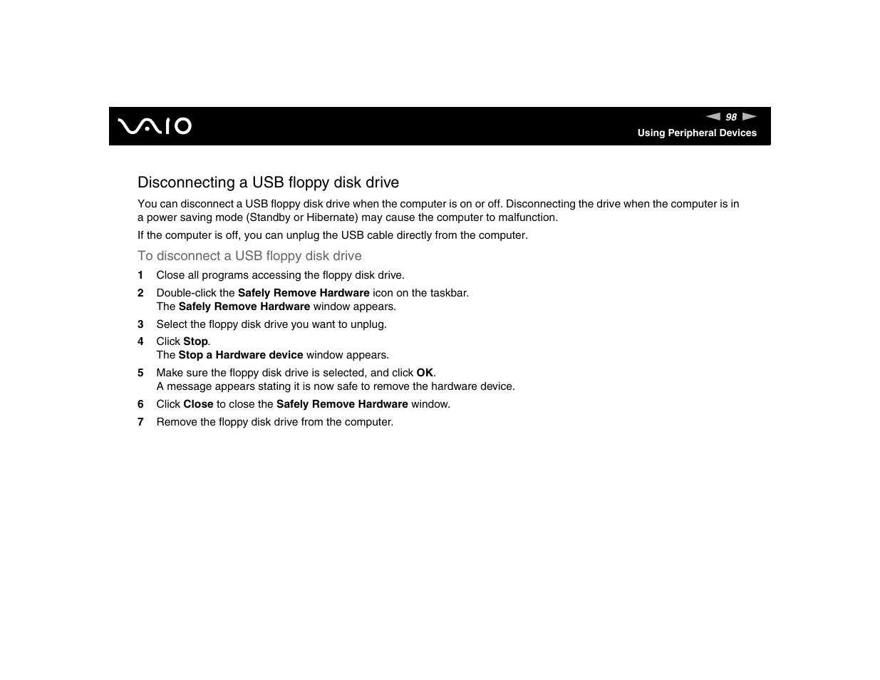 Disconnecting a usb floppy disk drive | Sony VGN-FE570G User Manual | Page 98 / 194