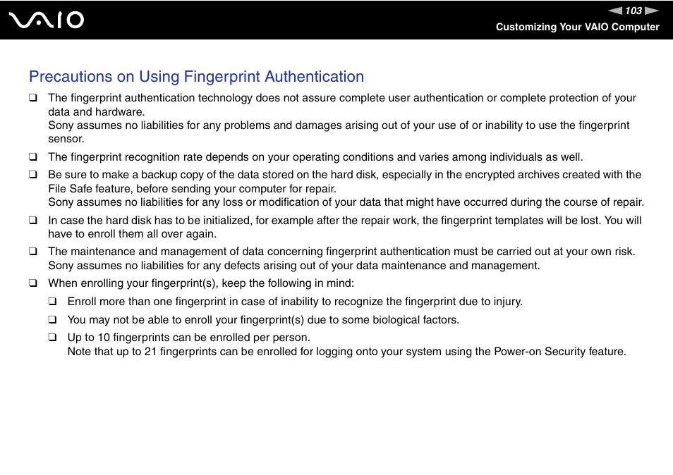 Precautions on using fingerprint authentication | Sony VGN-TXN27N User Manual | Page 103 / 218