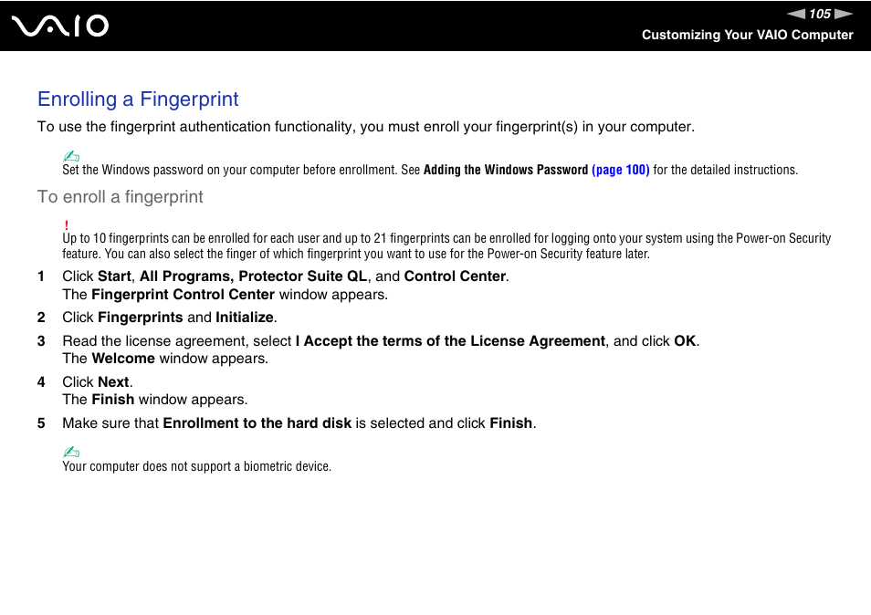 Enrolling a fingerprint | Sony VGN-TXN27N User Manual | Page 105 / 218