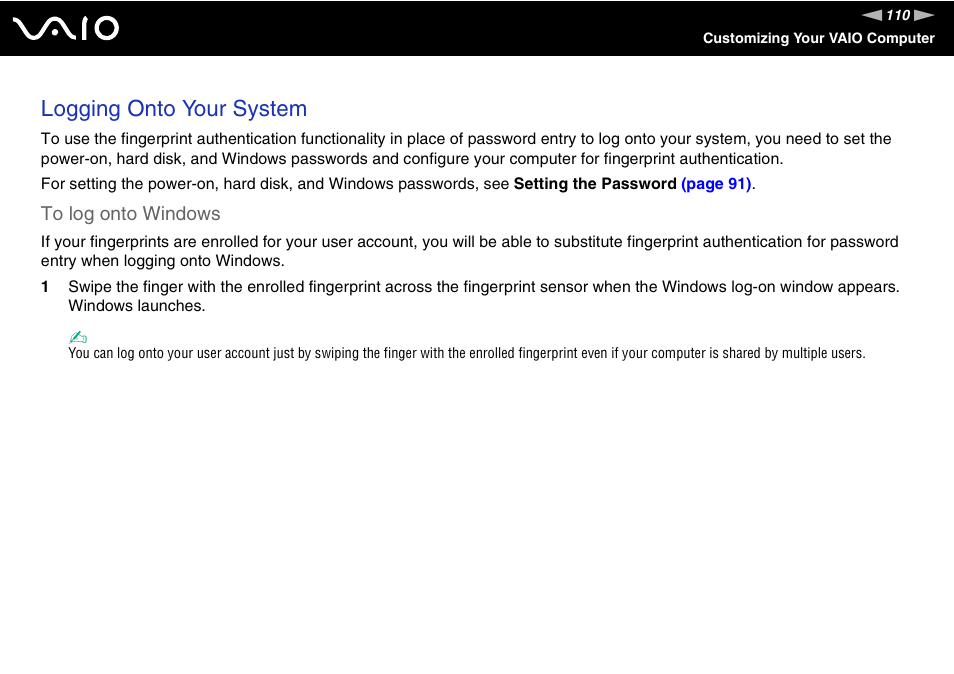 Logging onto your system | Sony VGN-TXN27N User Manual | Page 110 / 218