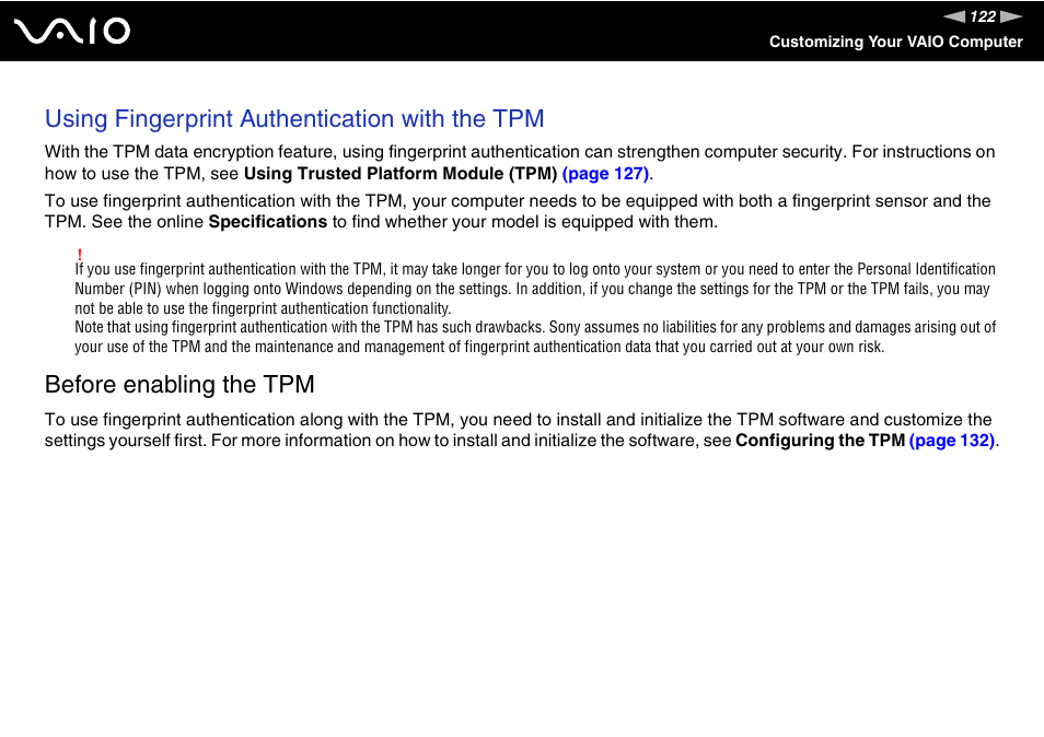 Using fingerprint authentication with the tpm, Before enabling the tpm | Sony VGN-TXN27N User Manual | Page 122 / 218