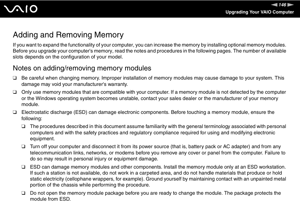 Adding and removing memory | Sony VGN-TXN27N User Manual | Page 146 / 218