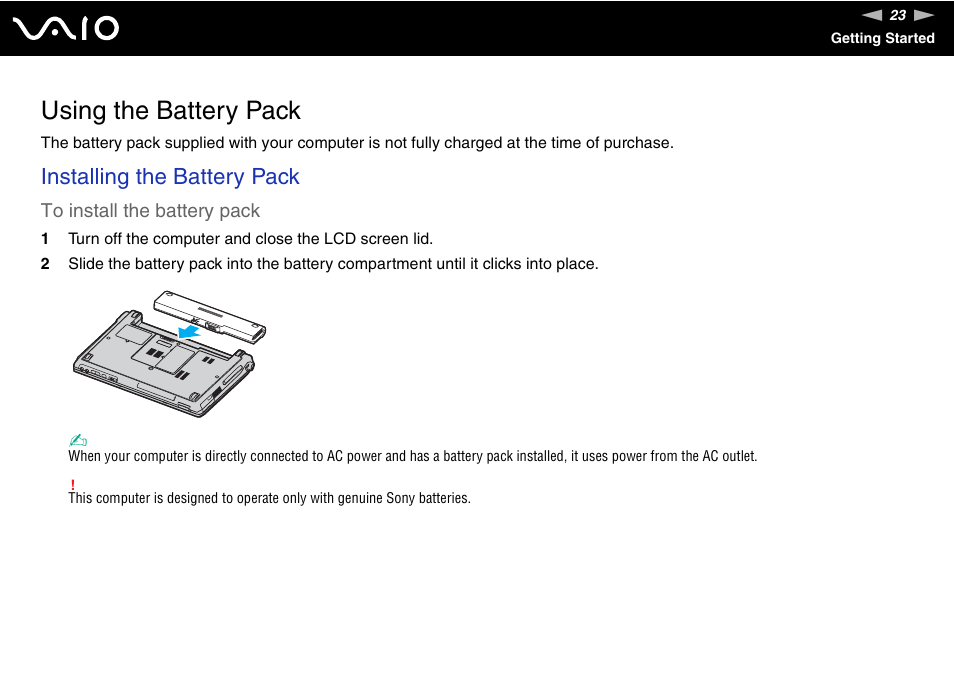 Using the battery pack, Installing the battery pack | Sony VGN-TXN27N User Manual | Page 23 / 218