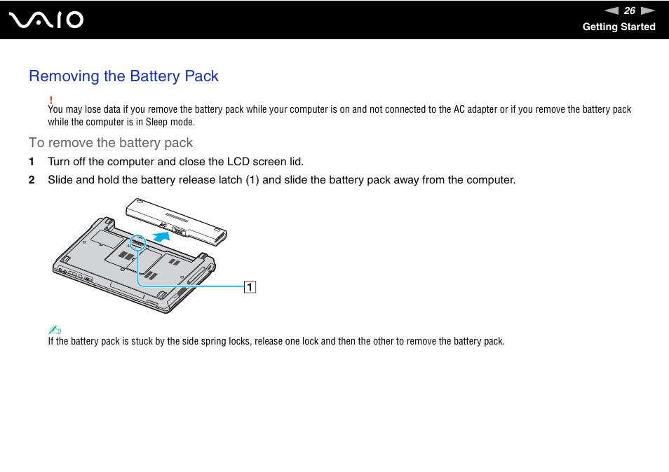 Removing the battery pack | Sony VGN-TXN27N User Manual | Page 26 / 218